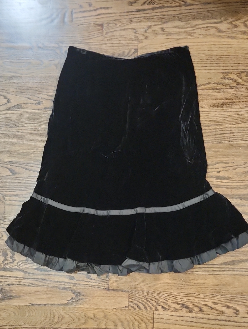 LOFT Black Velvet Midi Skirt with Ruffle Trim